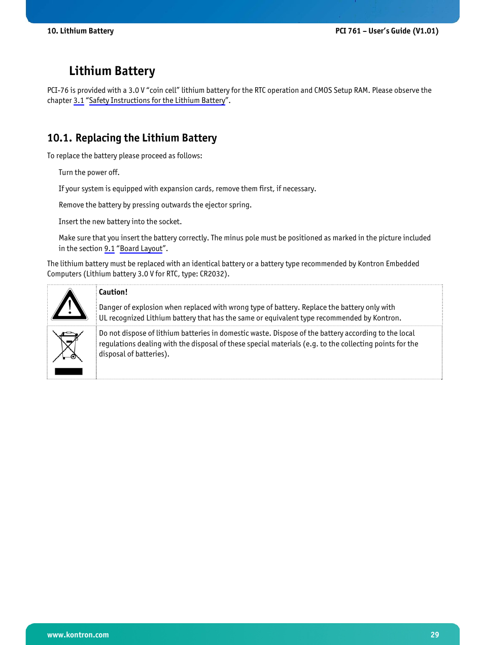 Lithium battery, Replacing the lithium battery | Kontron PCI-761 User Manual | Page 31 / 86