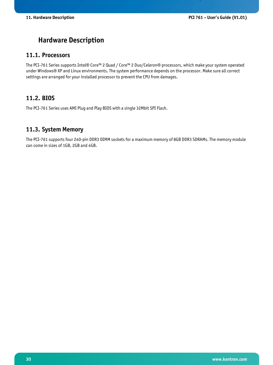 Hardware description, Processors, Bios | System memory | Kontron PCI-761 User Manual | Page 32 / 86
