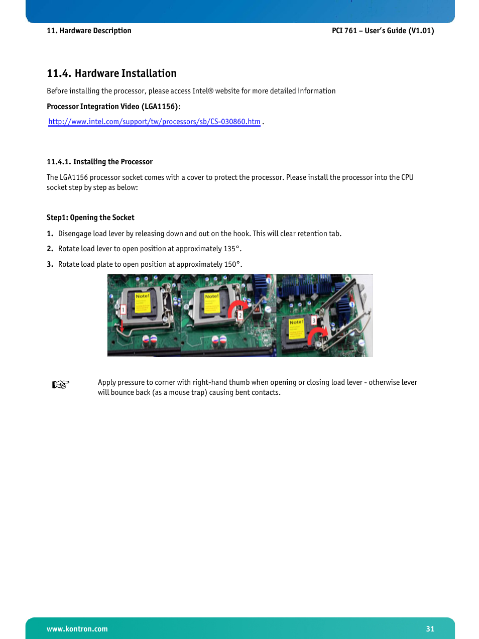 Hardware installation, Installing the processor | Kontron PCI-761 User Manual | Page 33 / 86