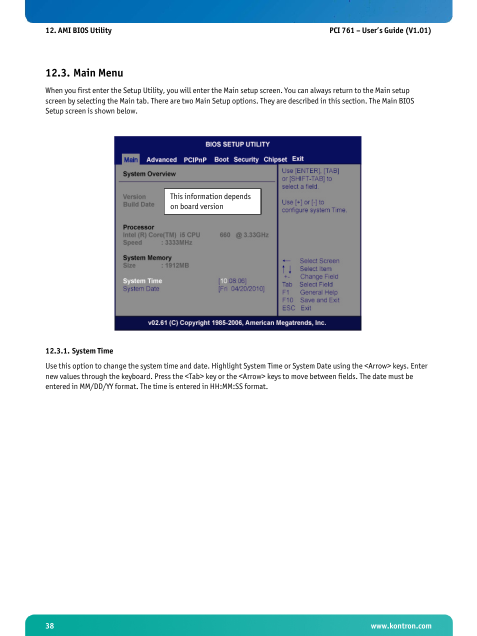 Main menu, System time | Kontron PCI-761 User Manual | Page 40 / 86