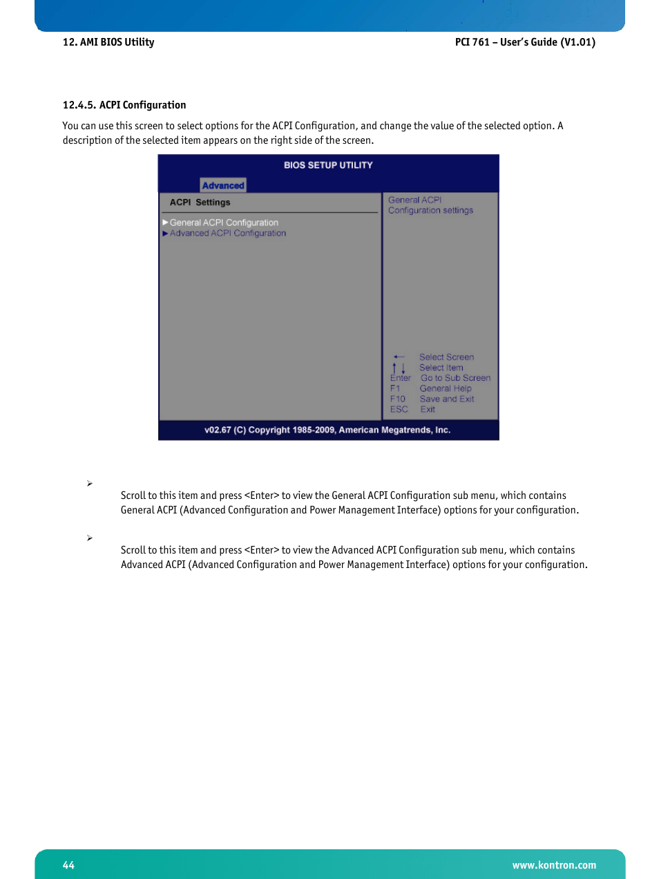 Acpi configuration | Kontron PCI-761 User Manual | Page 46 / 86