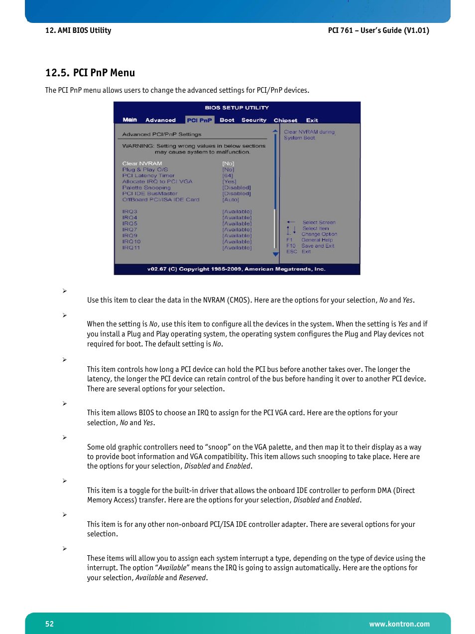 Pci pnp menu | Kontron PCI-761 User Manual | Page 54 / 86