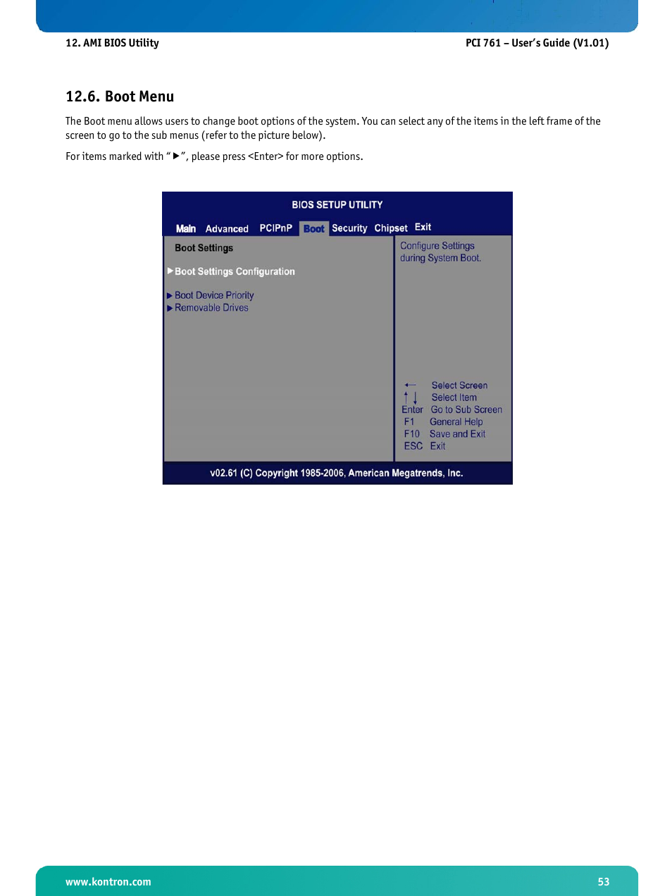Boot menu | Kontron PCI-761 User Manual | Page 55 / 86