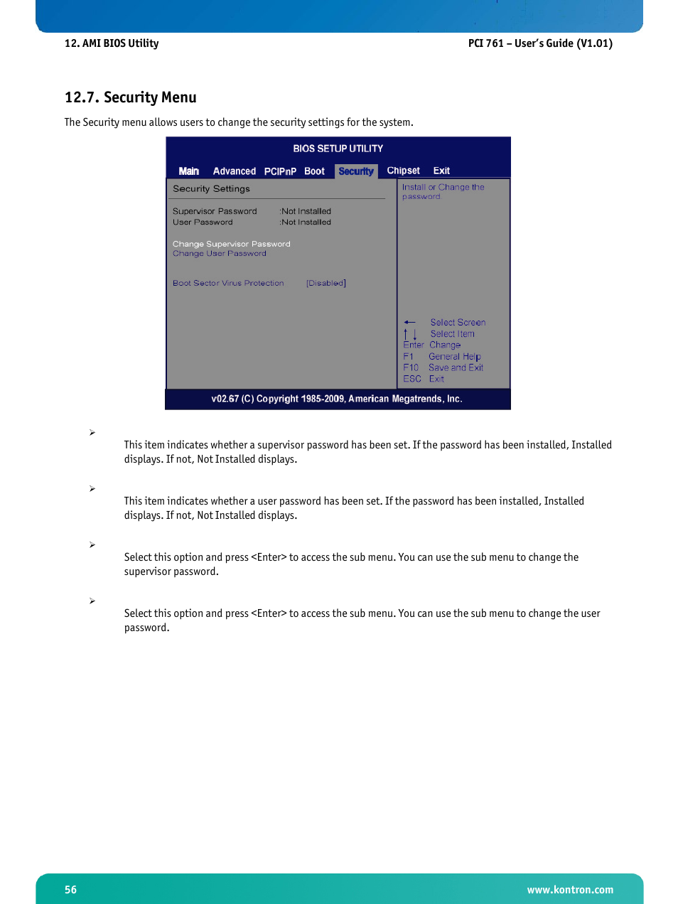 Security menu | Kontron PCI-761 User Manual | Page 58 / 86