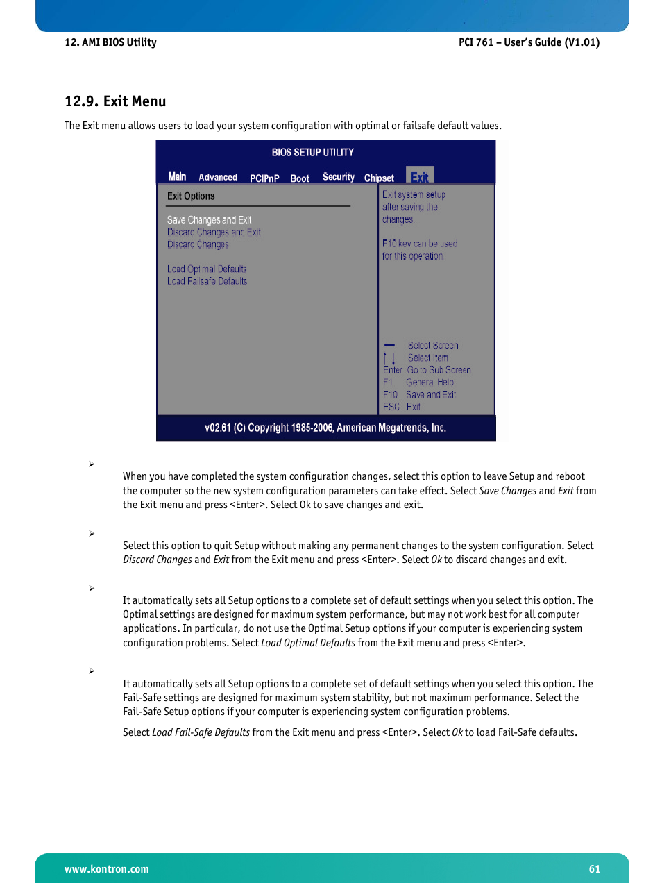 Exit menu | Kontron PCI-761 User Manual | Page 63 / 86