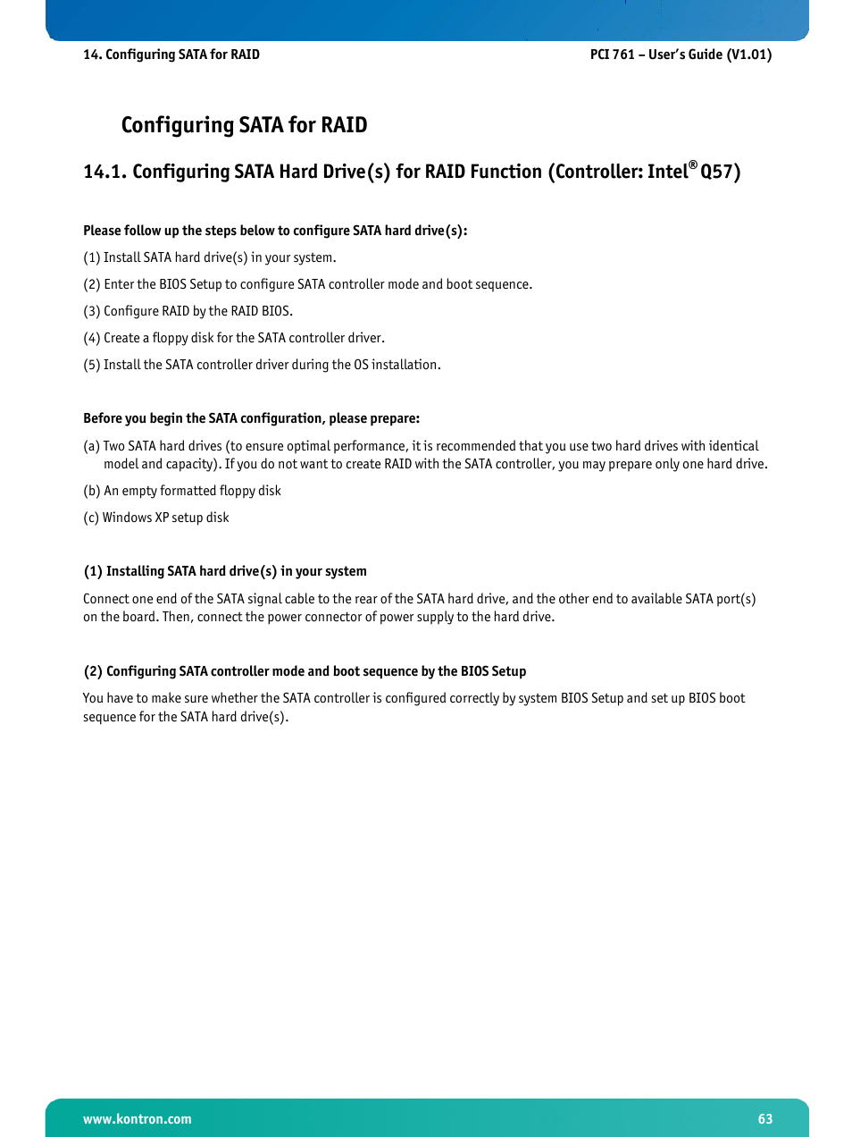 Configuring sata for raid, Q57) | Kontron PCI-761 User Manual | Page 65 / 86