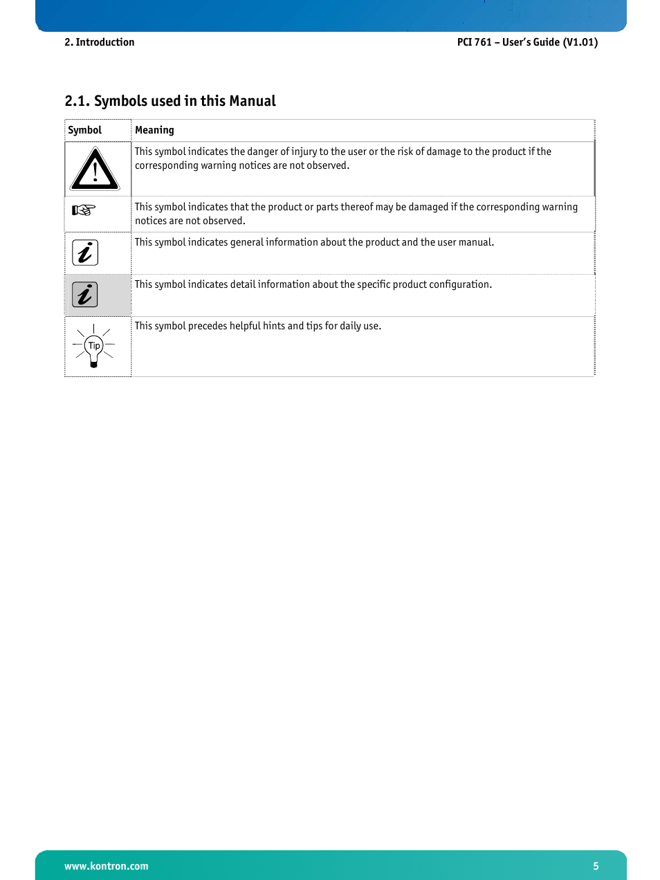 Symbols used in this manual | Kontron PCI-761 User Manual | Page 7 / 86