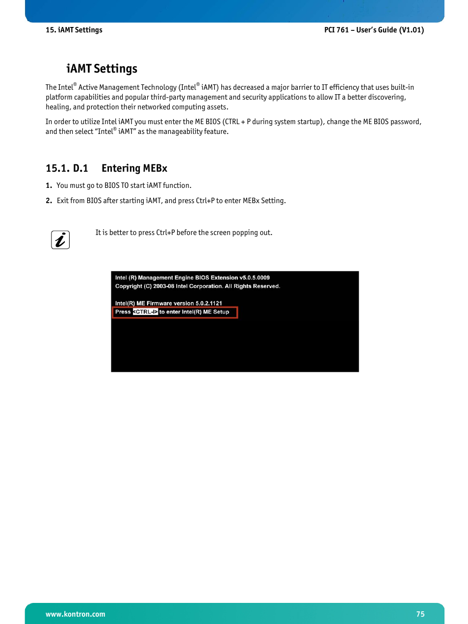 Iamt settings, D.1 entering mebx, Entering mebx | Kontron PCI-761 User Manual | Page 77 / 86