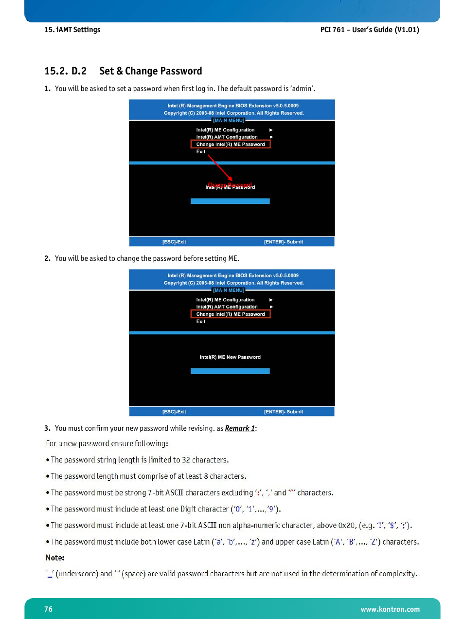 D.2 set & change password, Set & change password | Kontron PCI-761 User Manual | Page 78 / 86