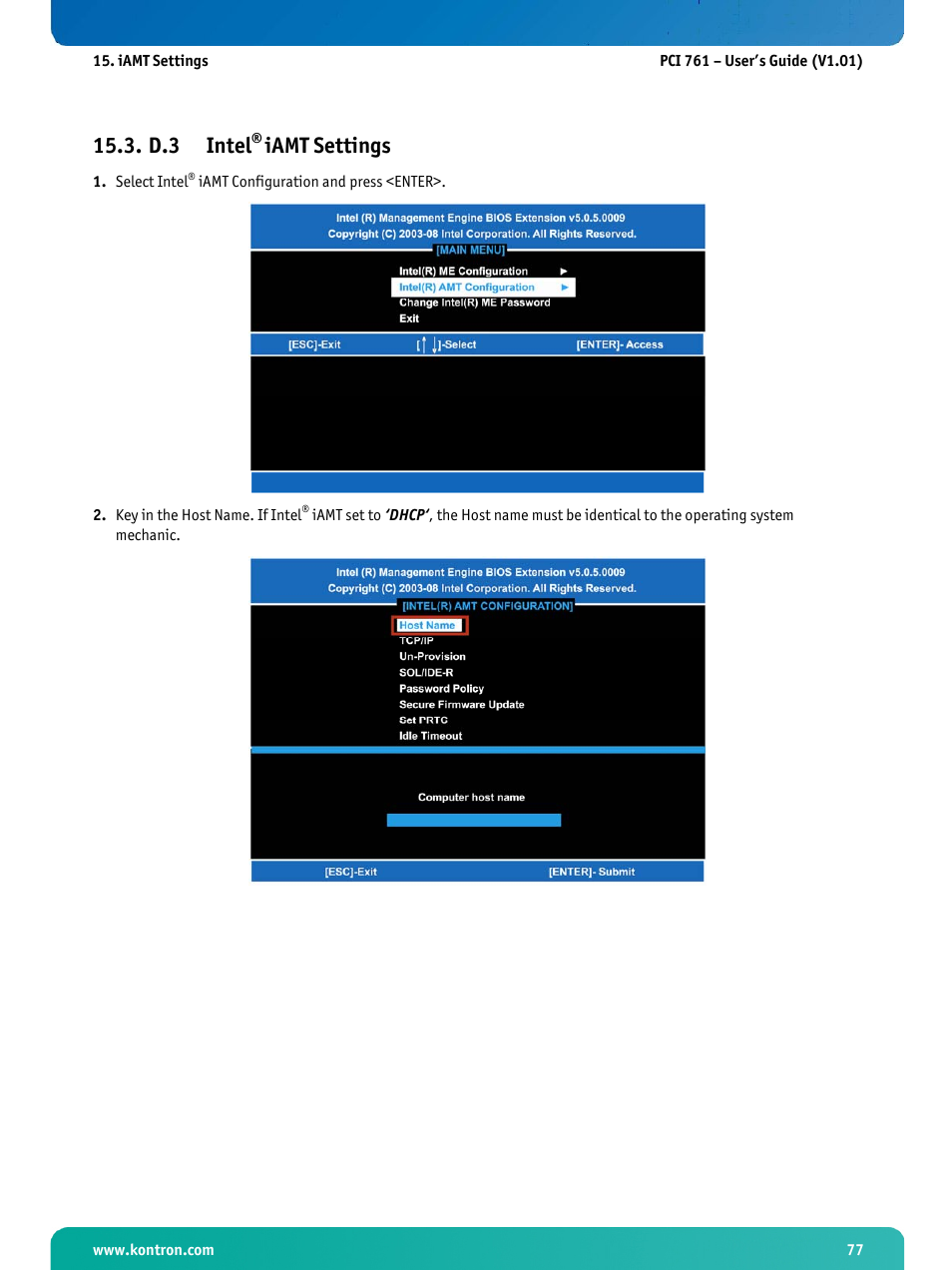 D.3 intel® iamt settings, Intel, Iamt settings | D.3 intel | Kontron PCI-761 User Manual | Page 79 / 86