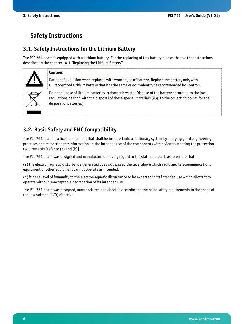 Safety instructions, Safety instructions for the lithium battery, Basic safety and emc compatibility | Kontron PCI-761 User Manual | Page 8 / 86
