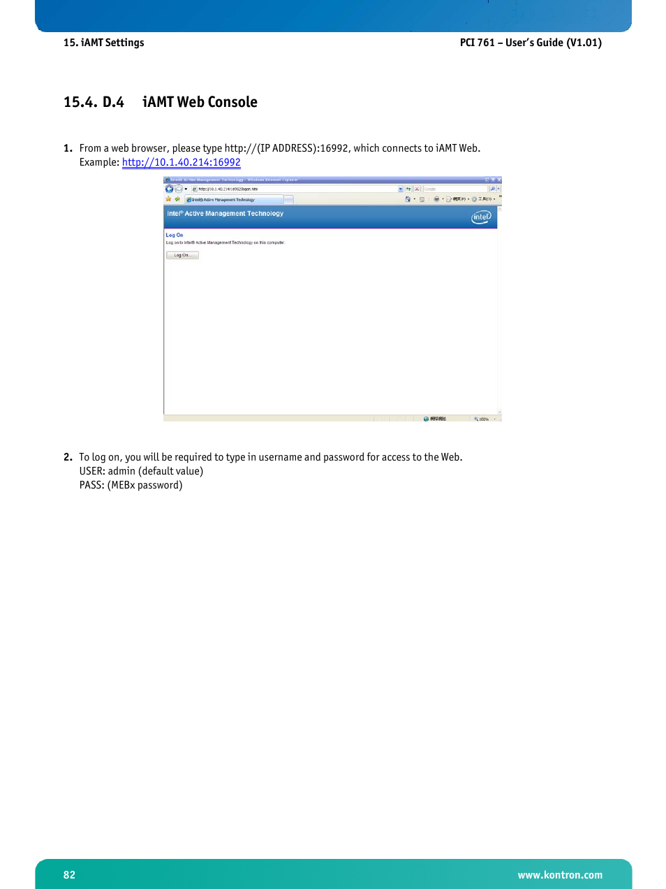 D.4 iamt web console, Iamt web console | Kontron PCI-761 User Manual | Page 84 / 86