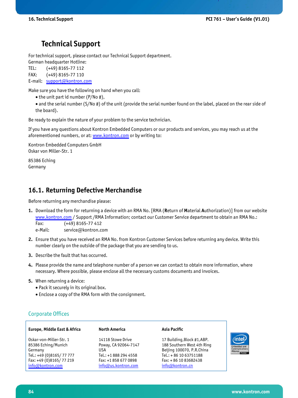 Technical support, Returning defective merchandise | Kontron PCI-761 User Manual | Page 86 / 86