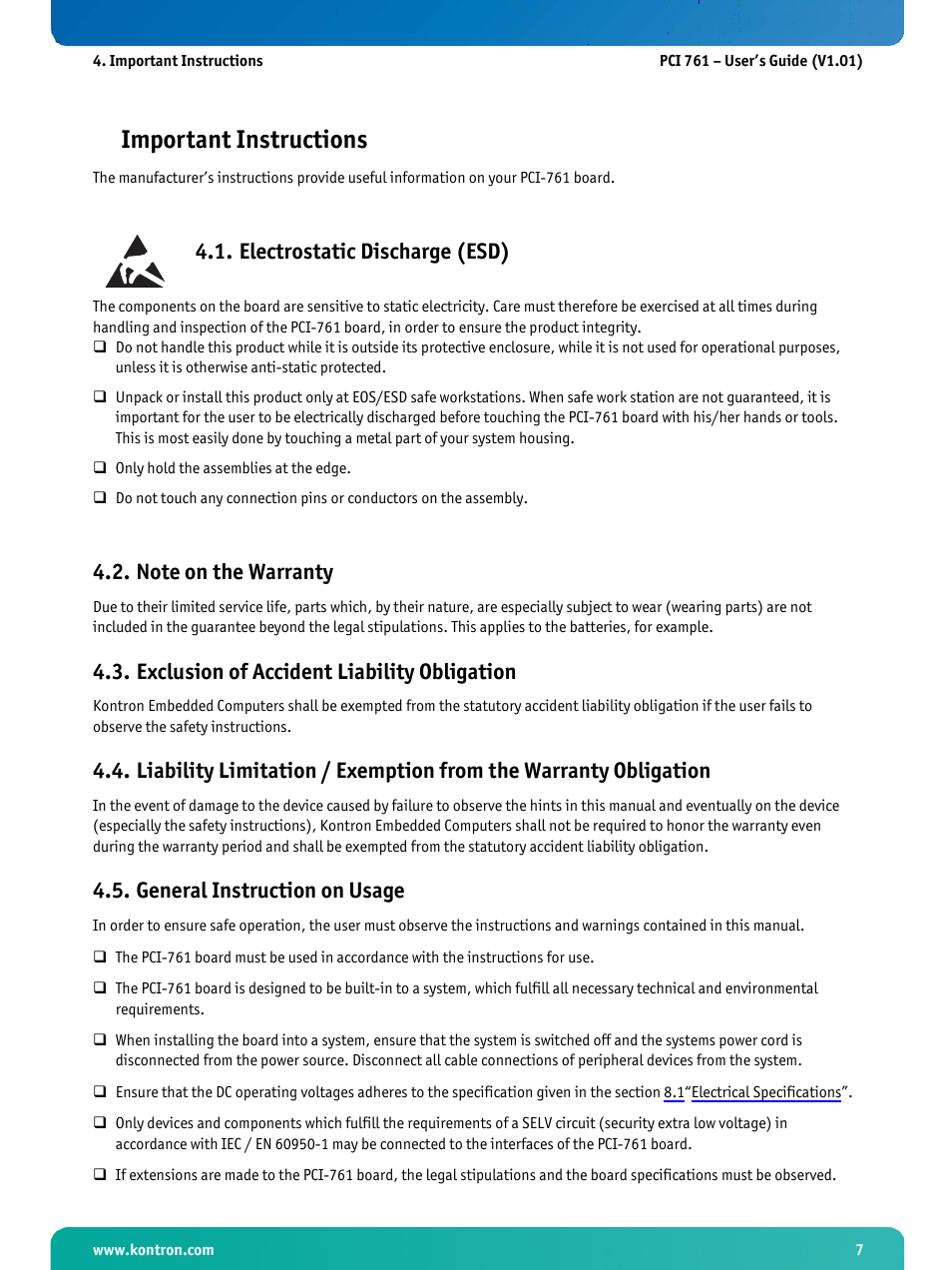 Important instructions, Electrostatic discharge (esd), Note on the warranty | Exclusion of accident liability obligation, General instruction on usage | Kontron PCI-761 User Manual | Page 9 / 86