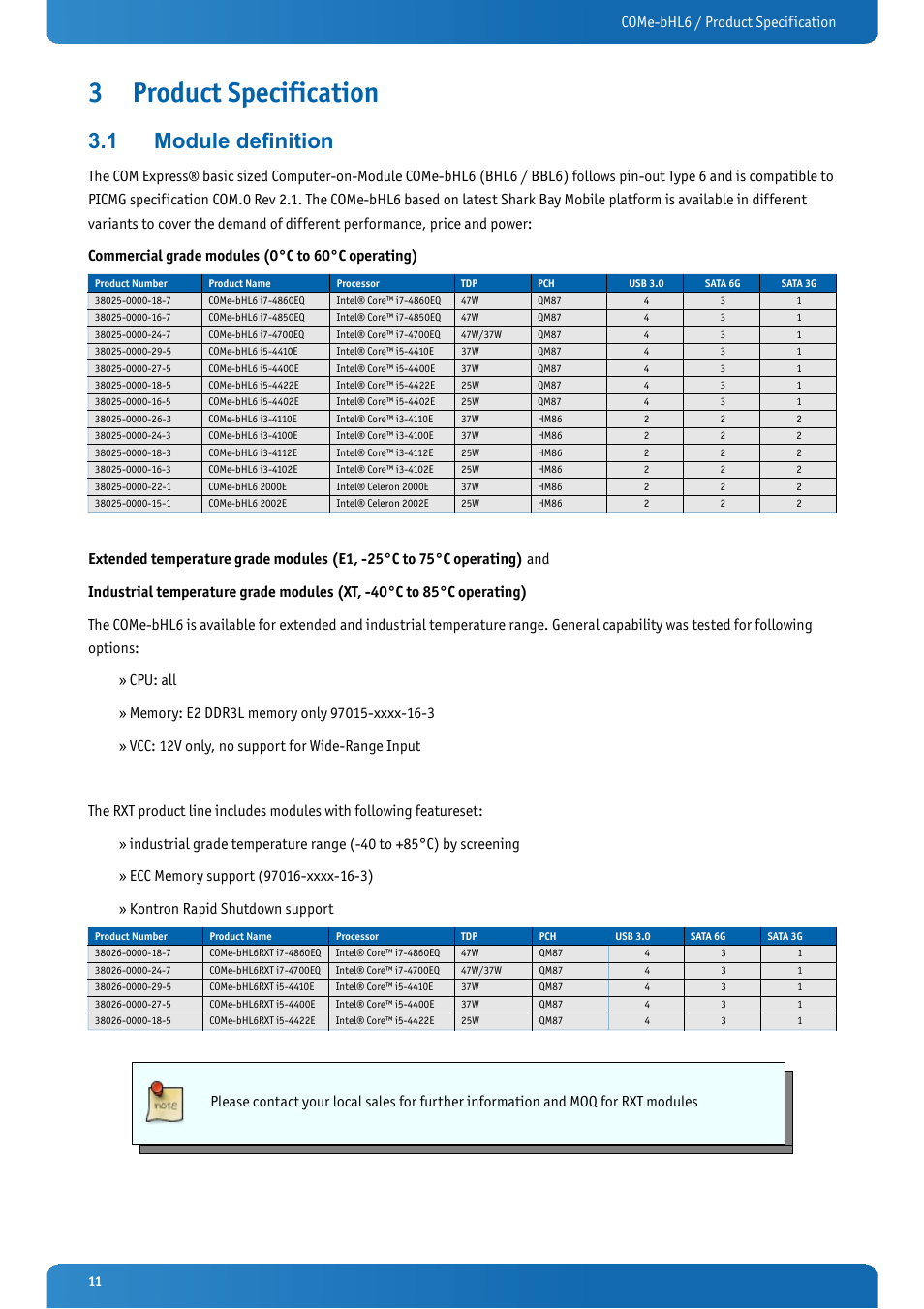 3 product specification, 1 module definition, Product specification | Module definition, Come-bhl6 / product specification | Kontron COMe-bHL6 User Manual | Page 11 / 129