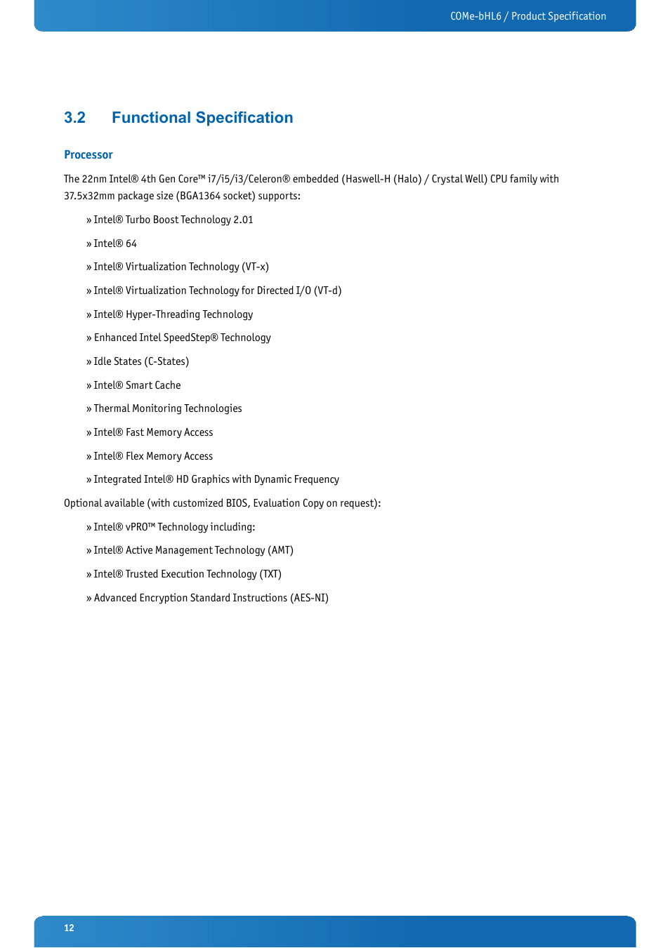 2 functional specification, Processor, Functional specification | Kontron COMe-bHL6 User Manual | Page 12 / 129