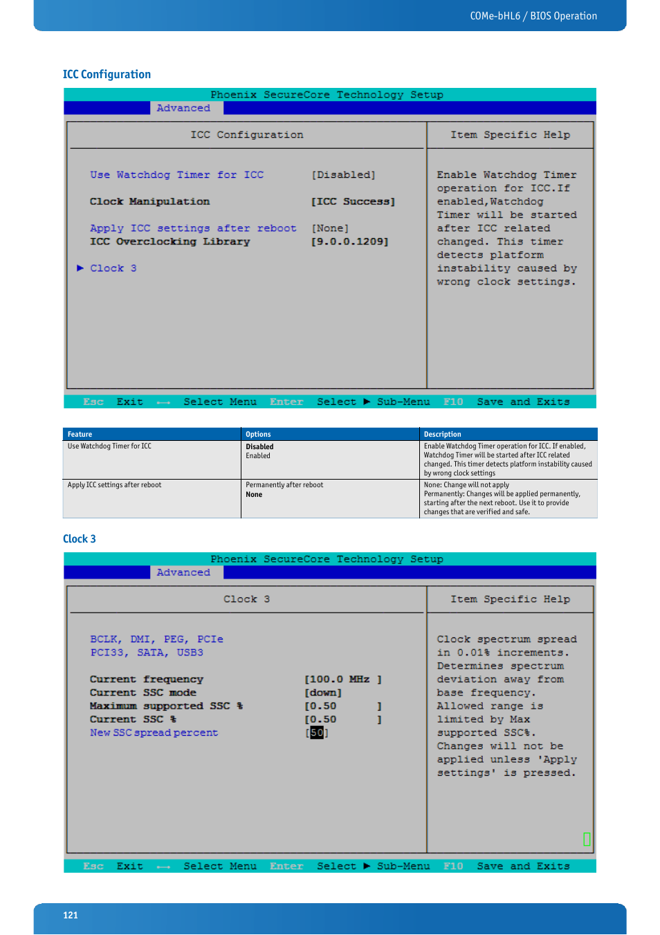 Icc configuration, Clock 3, Come-bhl6 / bios operation | Kontron COMe-bHL6 User Manual | Page 121 / 129