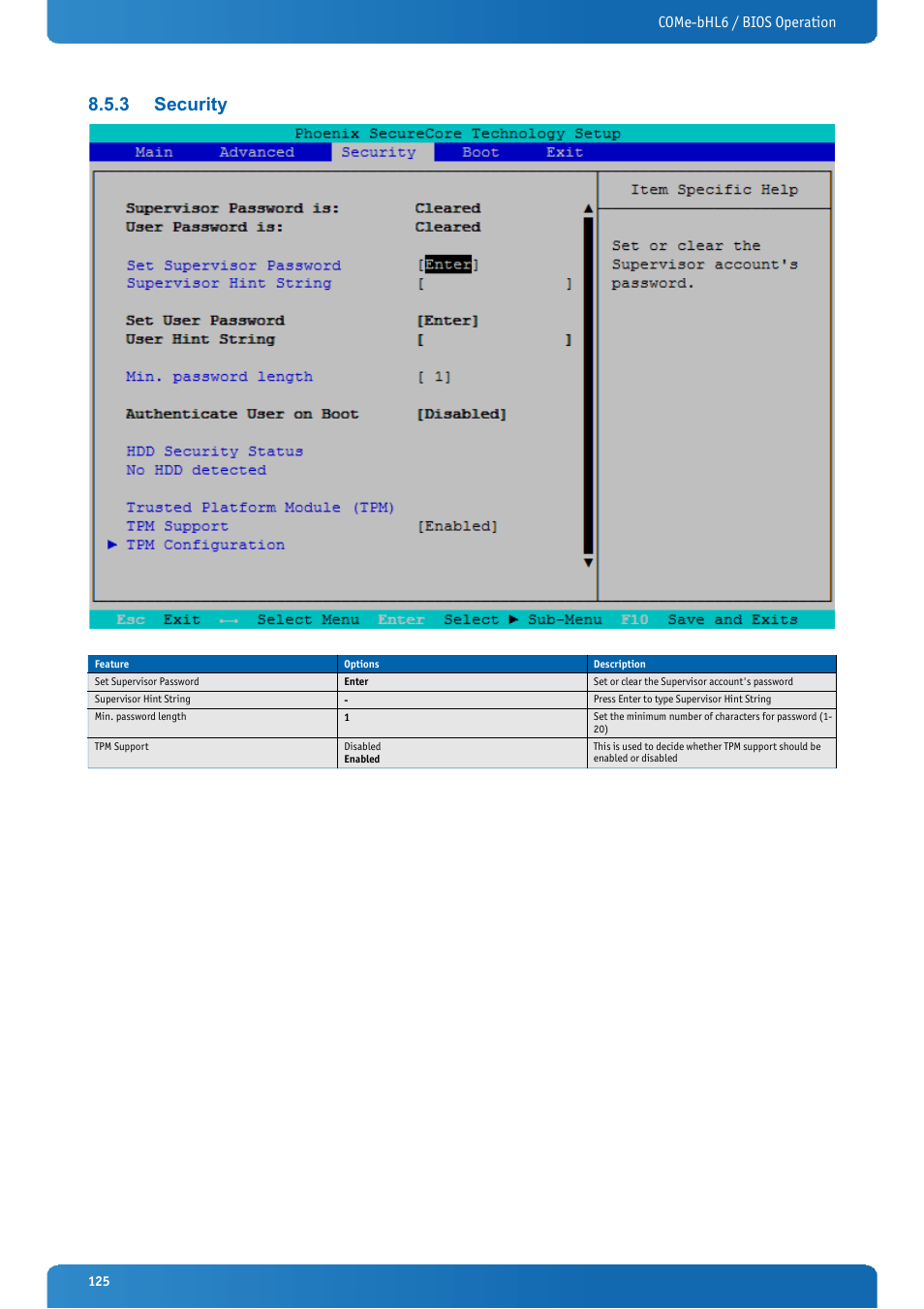 3 security, Security, Come-bhl6 / bios operation | Kontron COMe-bHL6 User Manual | Page 125 / 129