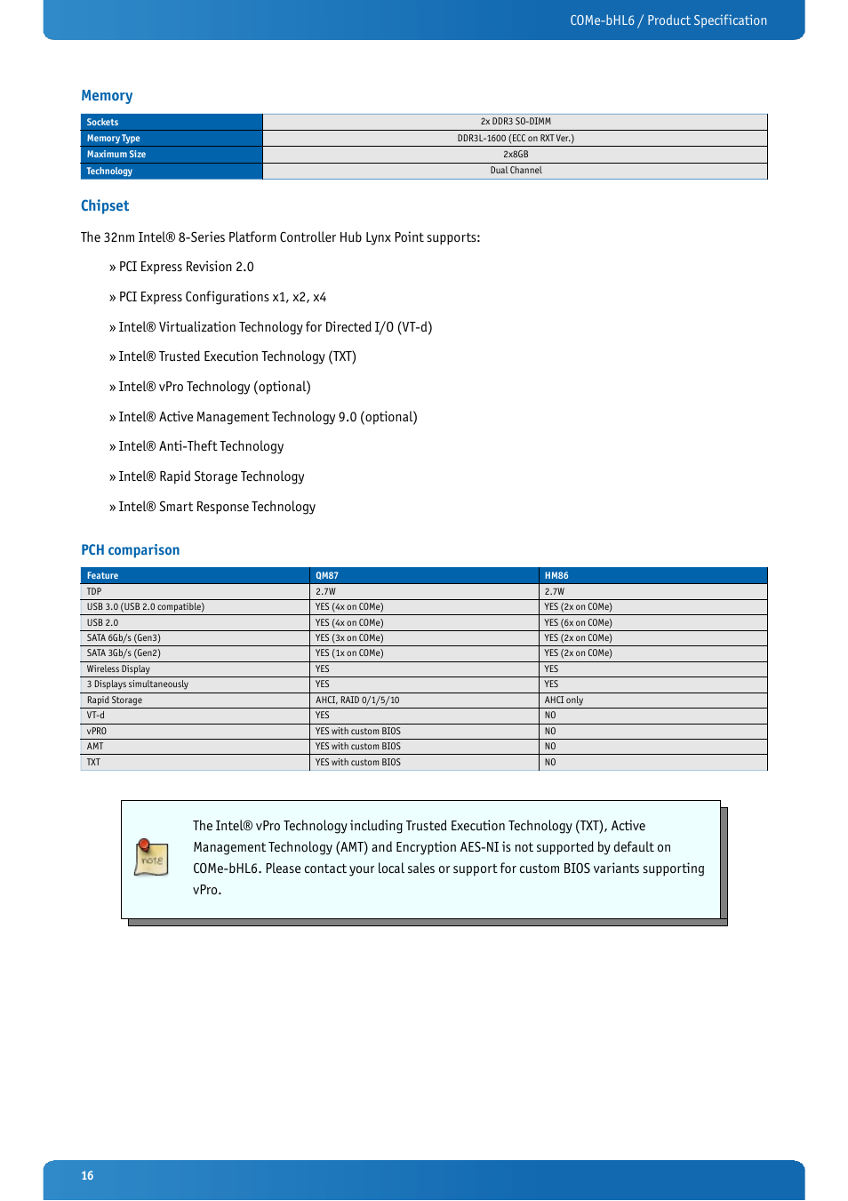 Memory, Chipset, Pch comparison | Come-bhl6 / product specification | Kontron COMe-bHL6 User Manual | Page 16 / 129
