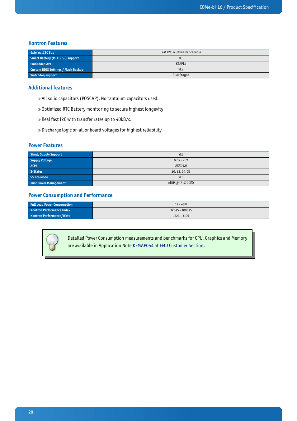 Kontron features, Additional features, Power features | Power consumption and performance | Kontron COMe-bHL6 User Manual | Page 20 / 129