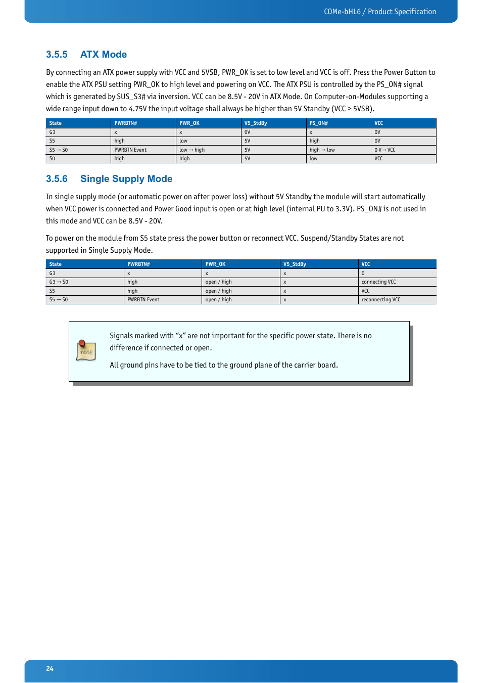 5 atx mode, 6 single supply mode, Atx mode | Single supply mode, Come-bhl6 / product specification | Kontron COMe-bHL6 User Manual | Page 24 / 129