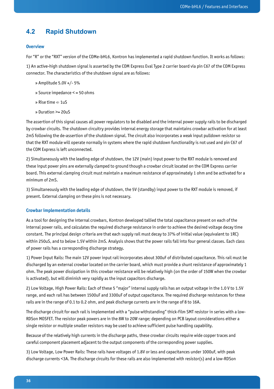 2 rapid shutdown, Overview, Crowbar implementation details | Rapid shutdown | Kontron COMe-bHL6 User Manual | Page 36 / 129