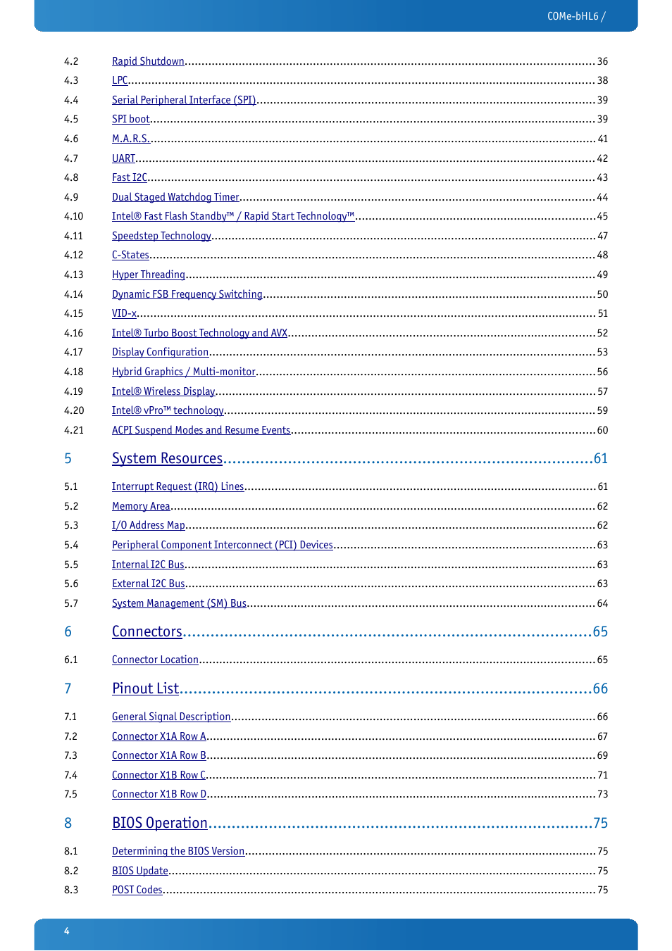 5system resources, 6connectors, 7pinout list | 8bios operation | Kontron COMe-bHL6 User Manual | Page 4 / 129