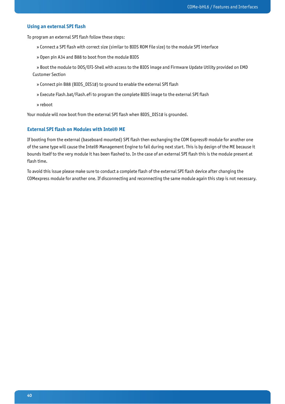 Using an external spi flash, External spi flash on modules with intel® me | Kontron COMe-bHL6 User Manual | Page 40 / 129