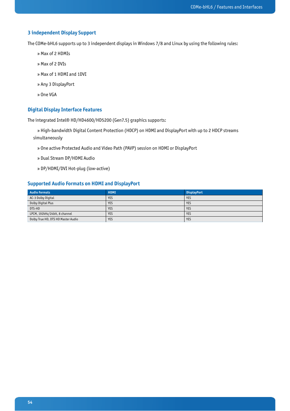 3 independent display support, Digital display interface features, Supported audio formats on hdmi and displayport | Kontron COMe-bHL6 User Manual | Page 54 / 129