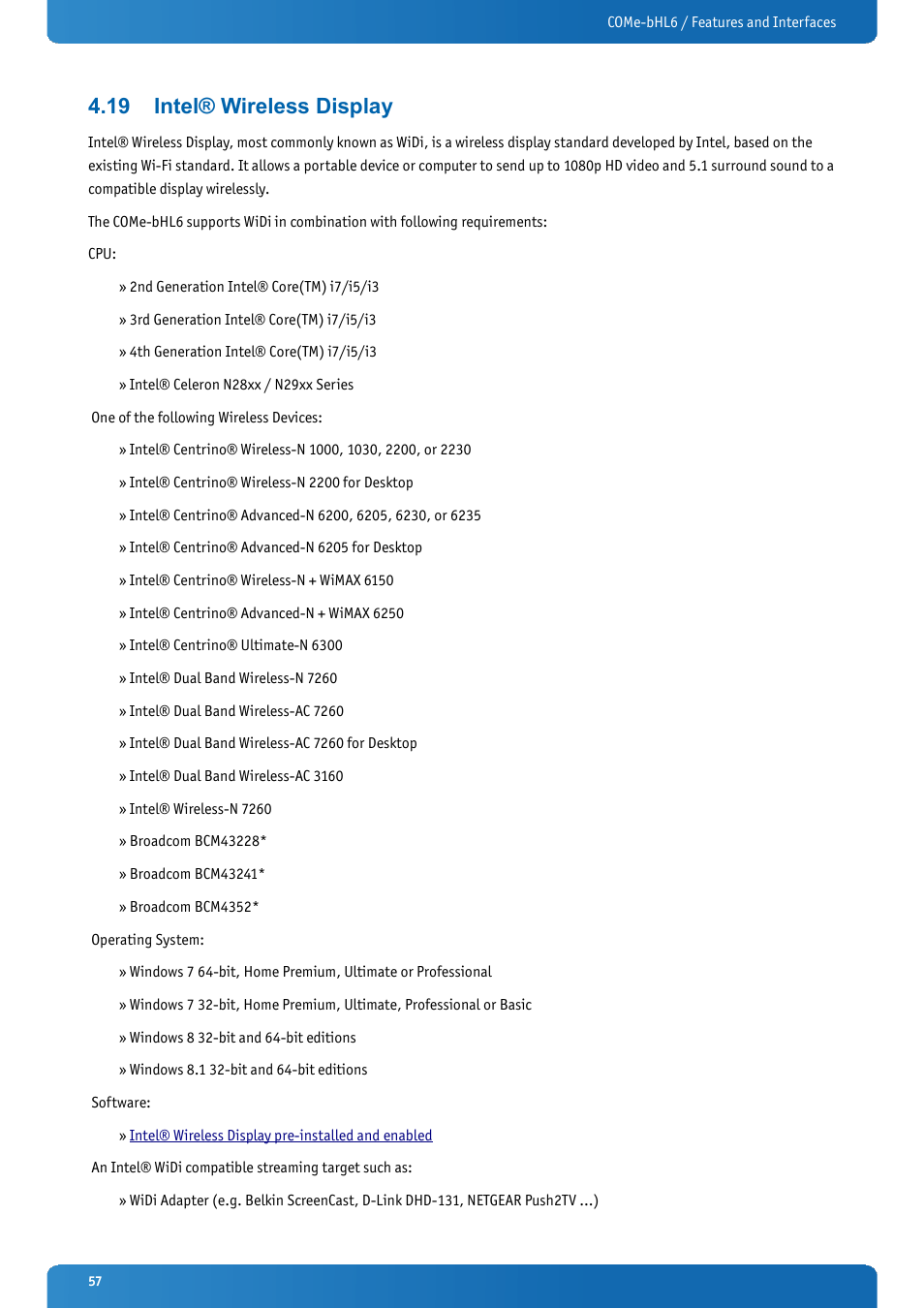 19 intel® wireless display, Intel® wireless display | Kontron COMe-bHL6 User Manual | Page 57 / 129