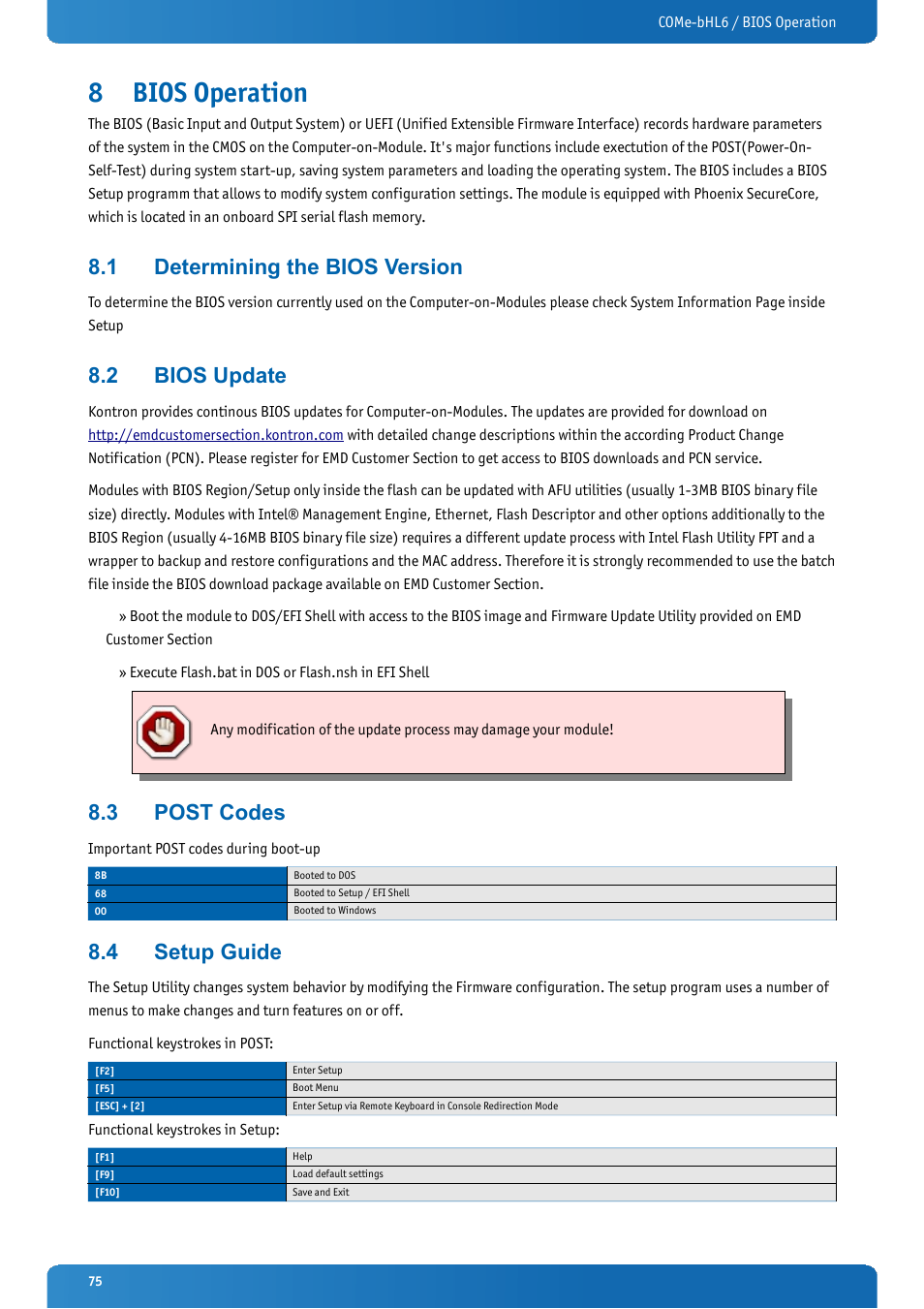 8 bios operation, 1 determining the bios version, 2 bios update | 3 post codes, 4 setup guide, Bios operation, Determining the bios version, Bios update, Post codes, Setup guide | Kontron COMe-bHL6 User Manual | Page 75 / 129