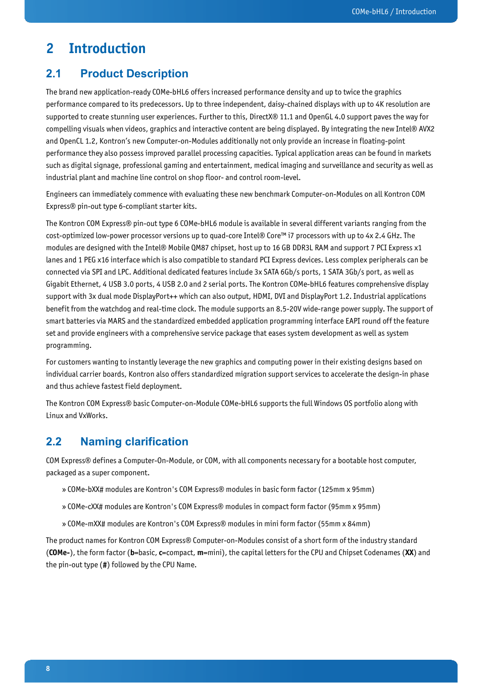 2 introduction, 1 product description, 2 naming clarification | Introduction, Product description, Naming clarification | Kontron COMe-bHL6 User Manual | Page 8 / 129