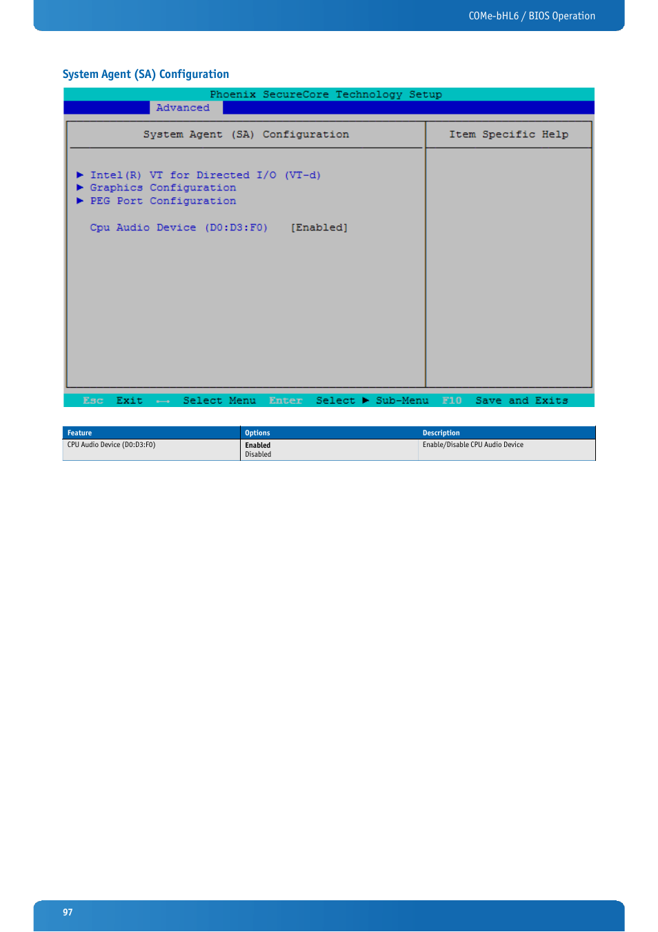 System agent (sa) configuration, Come-bhl6 / bios operation | Kontron COMe-bHL6 User Manual | Page 97 / 129