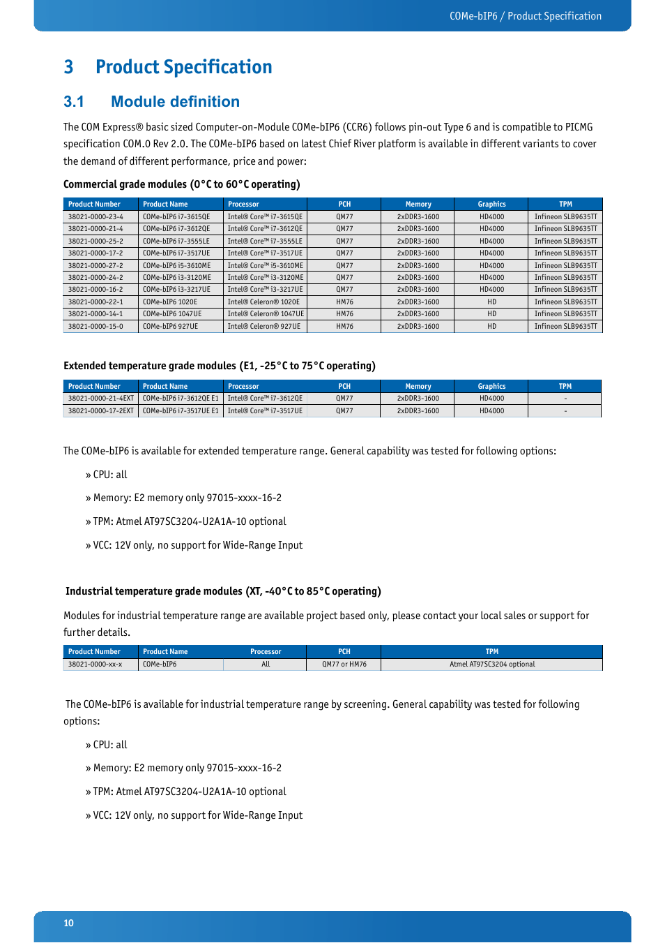 3 product specification, 1 module definition, Product specification | Module definition, Come-bip6 / product specification | Kontron COMe-bIP6 User Manual | Page 10 / 133