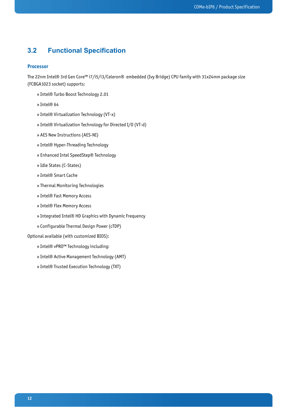 2 functional specification, Processor, Functional specification | Kontron COMe-bIP6 User Manual | Page 12 / 133