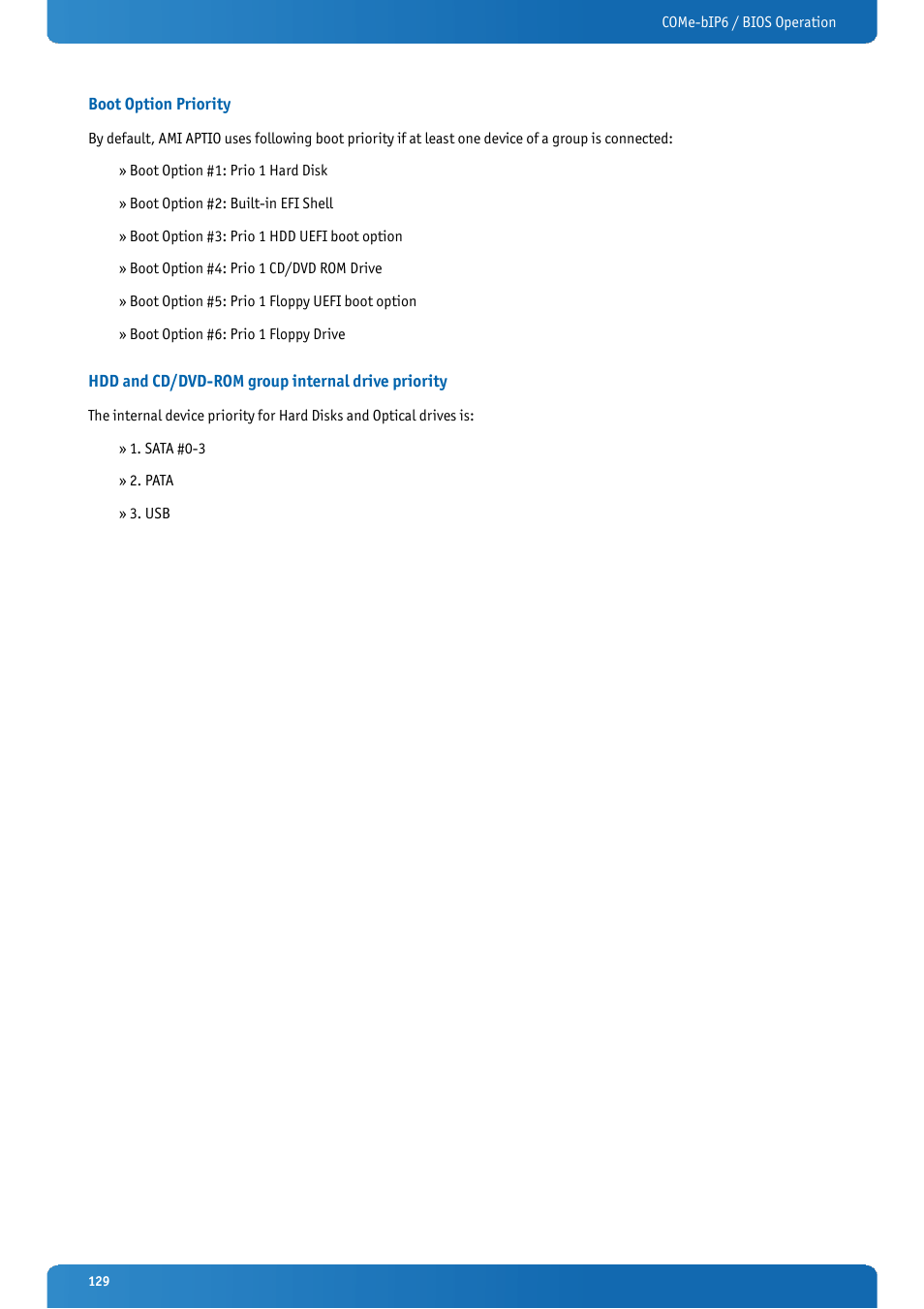Boot option priority, Hdd and cd/dvd-rom group internal drive priority | Kontron COMe-bIP6 User Manual | Page 129 / 133