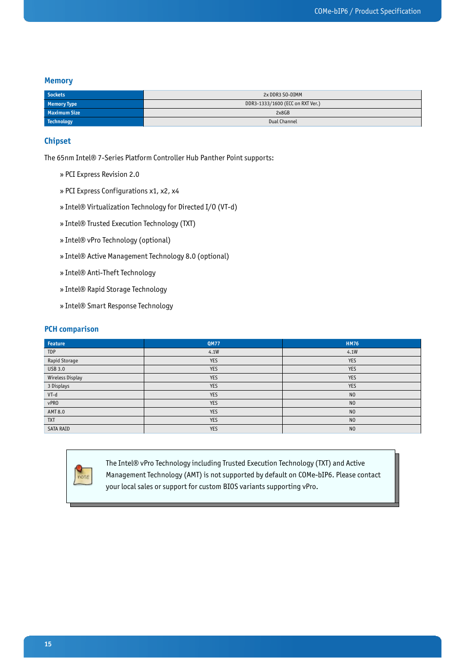 Memory, Chipset, Pch comparison | Come-bip6 / product specification | Kontron COMe-bIP6 User Manual | Page 15 / 133