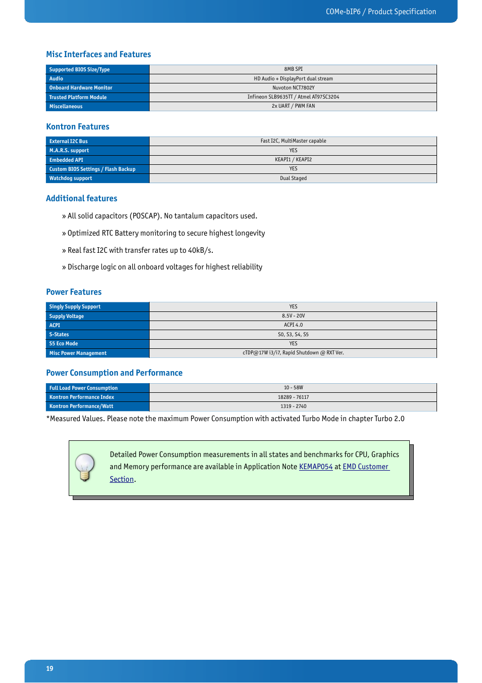 Misc interfaces and features, Kontron features, Additional features | Power features, Power consumption and performance | Kontron COMe-bIP6 User Manual | Page 19 / 133