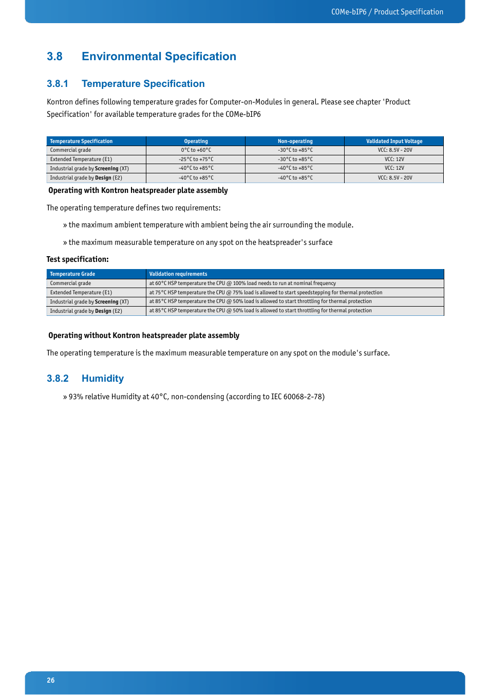 8 environmental specification, 1 temperature specification, 2 humidity | Environmental specification, Temperature specification, Humidity | Kontron COMe-bIP6 User Manual | Page 26 / 133