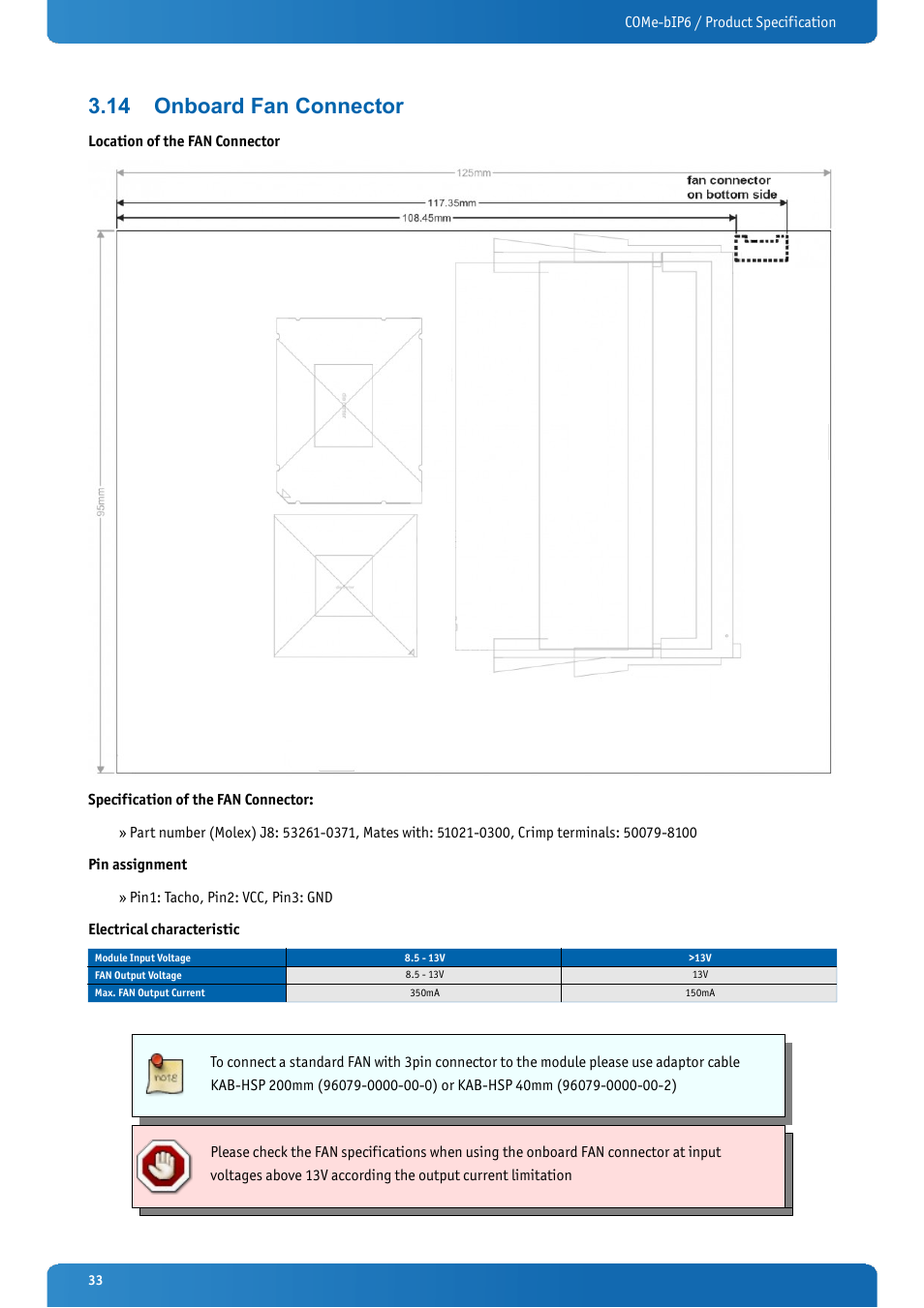 14 onboard fan connector, Onboard fan connector | Kontron COMe-bIP6 User Manual | Page 33 / 133