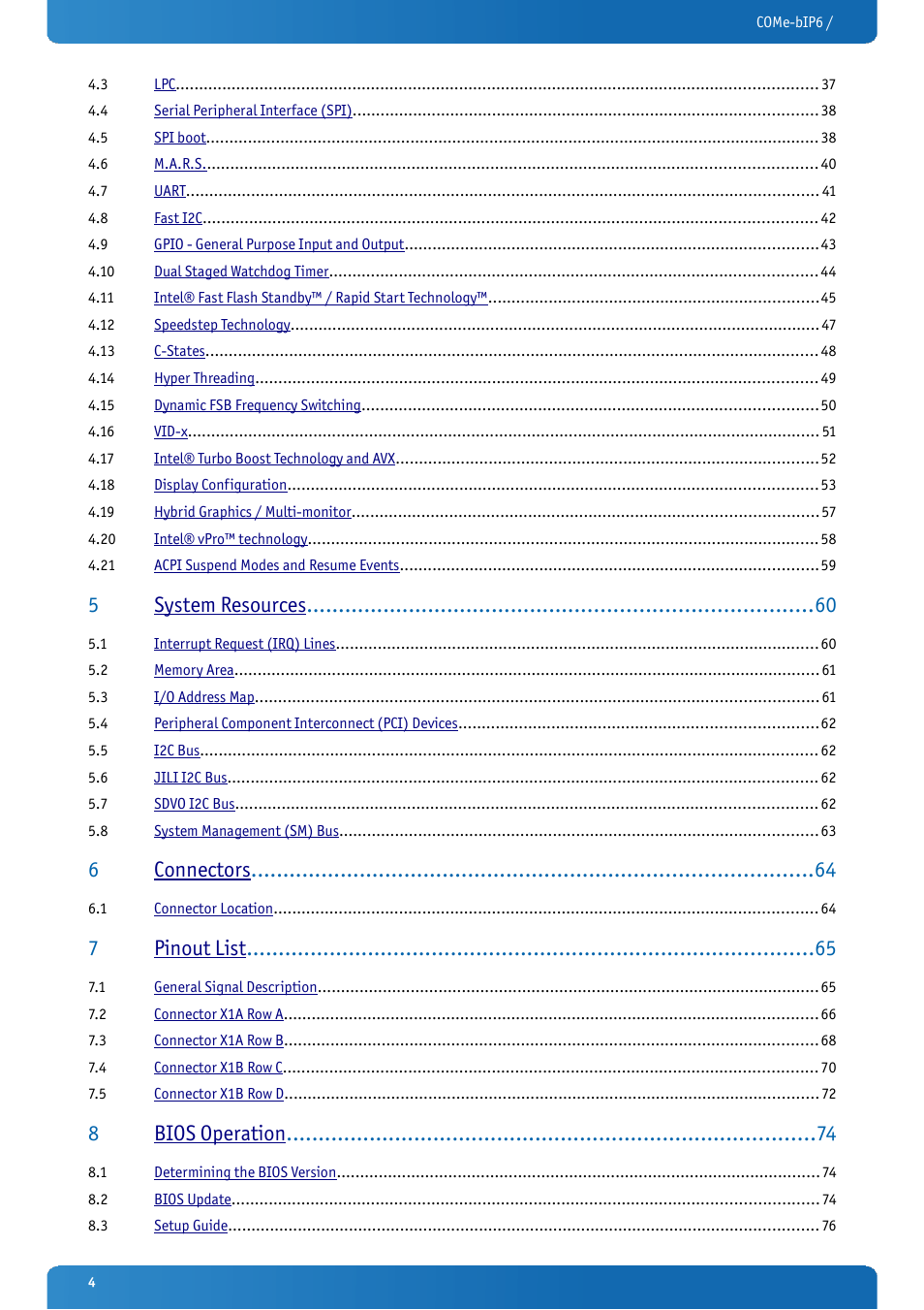 5system resources, 6connectors, 7pinout list | 8bios operation | Kontron COMe-bIP6 User Manual | Page 4 / 133
