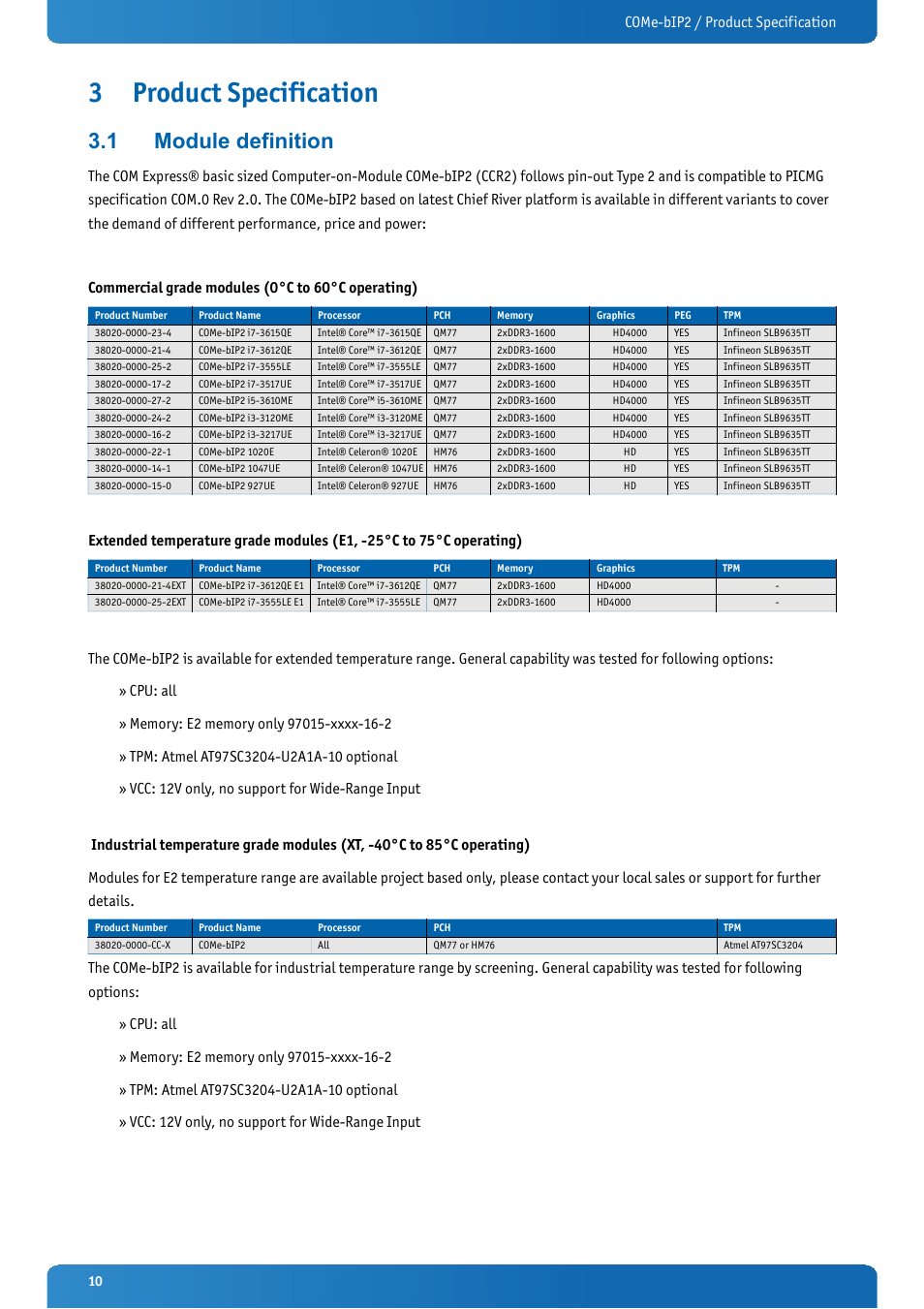 3 product specification, 1 module definition, Product specification | Module definition, Come-bip2 / product specification | Kontron COMe-bIP2 User Manual | Page 10 / 128