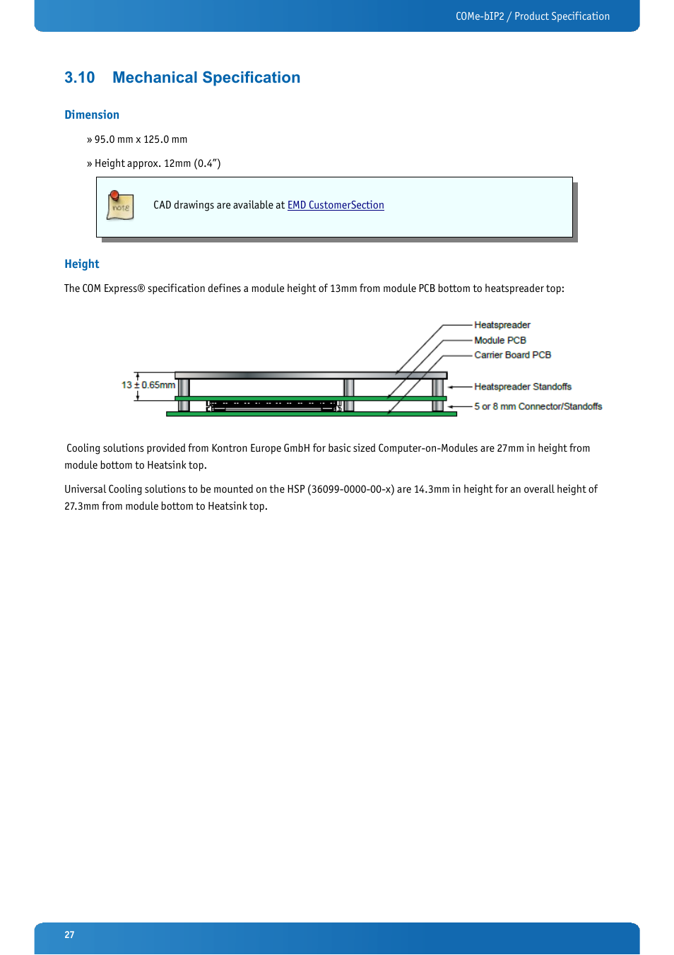 10 mechanical specification, Dimension, Height | Mechanical specification | Kontron COMe-bIP2 User Manual | Page 27 / 128