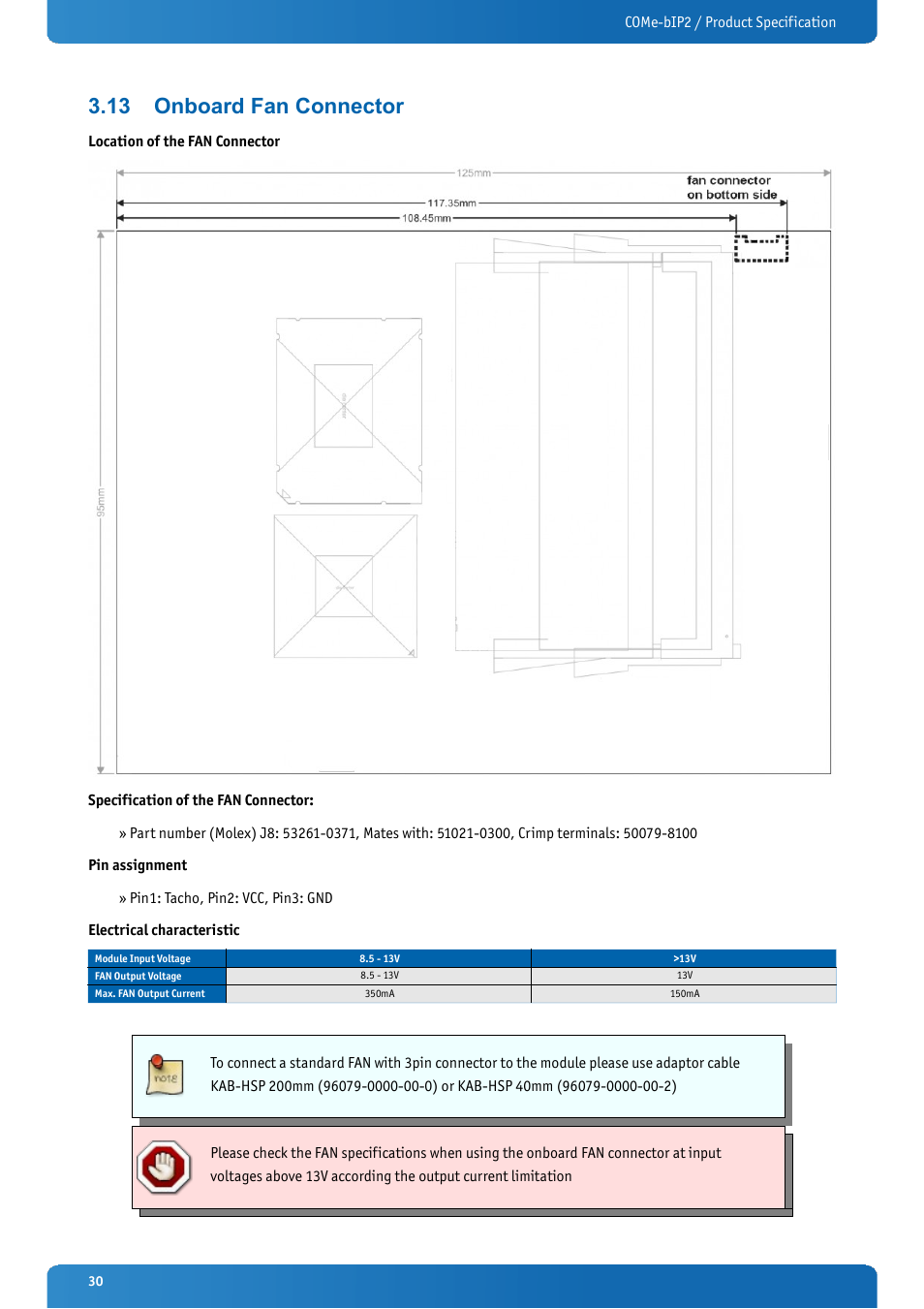 13 onboard fan connector, Onboard fan connector | Kontron COMe-bIP2 User Manual | Page 30 / 128