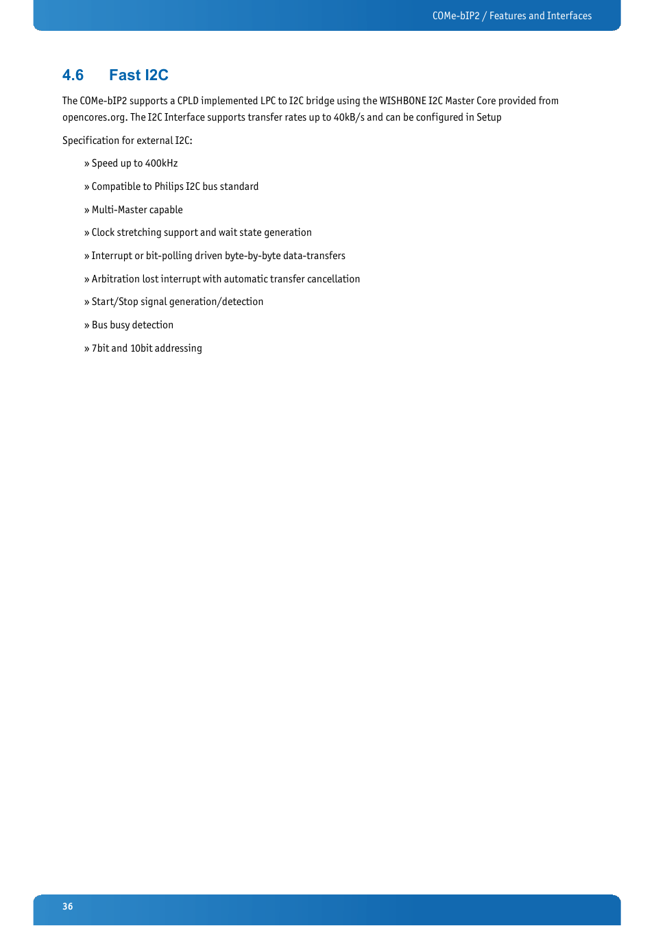 6 fast i2c, Fast i2c | Kontron COMe-bIP2 User Manual | Page 36 / 128