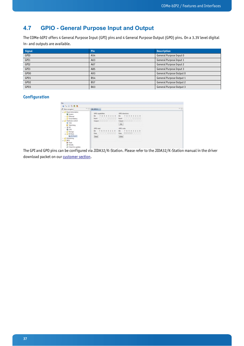 7 gpio - general purpose input and output, Configuration, Gpio - general purpose input and output | Kontron COMe-bIP2 User Manual | Page 37 / 128