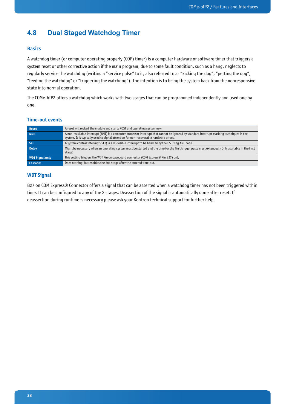 8 dual staged watchdog timer, Basics, Time-out events | Wdt signal, Dual staged watchdog timer | Kontron COMe-bIP2 User Manual | Page 38 / 128