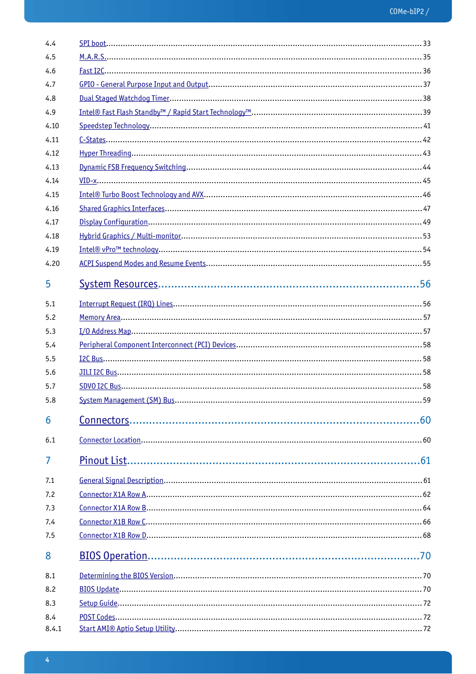 5system resources, 6connectors, 7pinout list | 8bios operation | Kontron COMe-bIP2 User Manual | Page 4 / 128