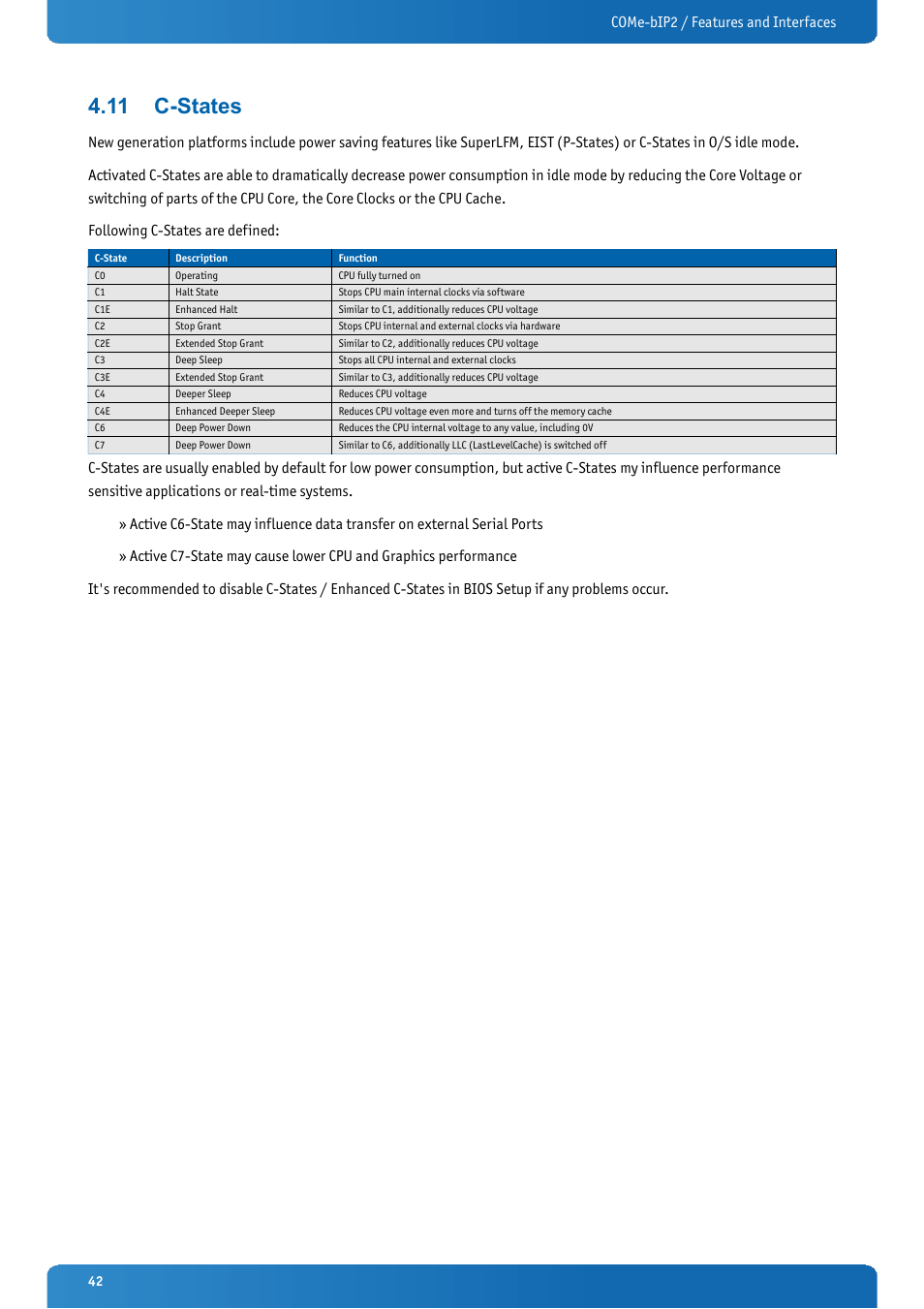 11 c-states, C-states, Come-bip2 / features and interfaces | Kontron COMe-bIP2 User Manual | Page 42 / 128