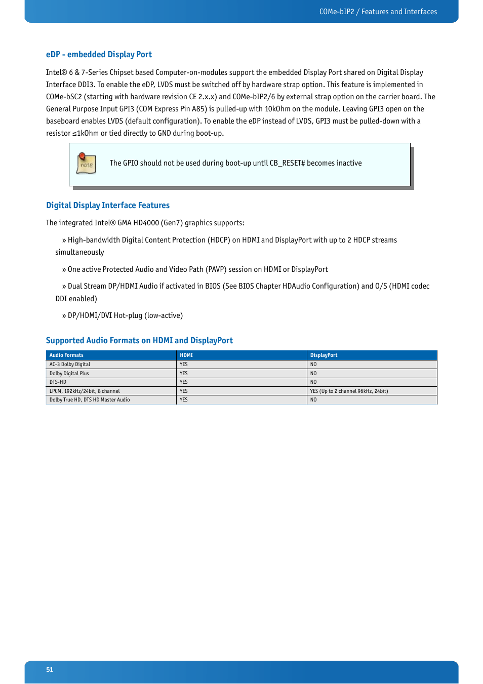 Edp - embedded display port, Digital display interface features, Supported audio formats on hdmi and displayport | Kontron COMe-bIP2 User Manual | Page 51 / 128